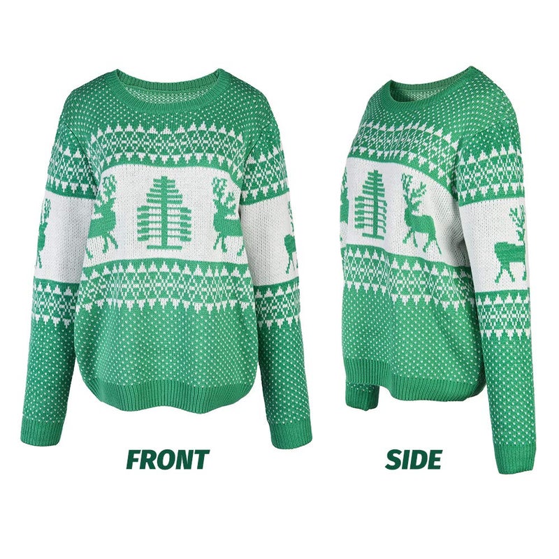 EXLURA Patterns Reindeer Ugly Christmas Crew Neck Long Sleeve Sweater Jumper Pullover Knitted Printed Tops Green - Image 4